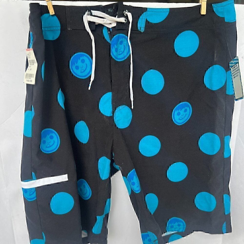 MEN'S NWT NEFF BLUE BLACK SMILEY FACE SWIM TRUNKS - SIZE 38